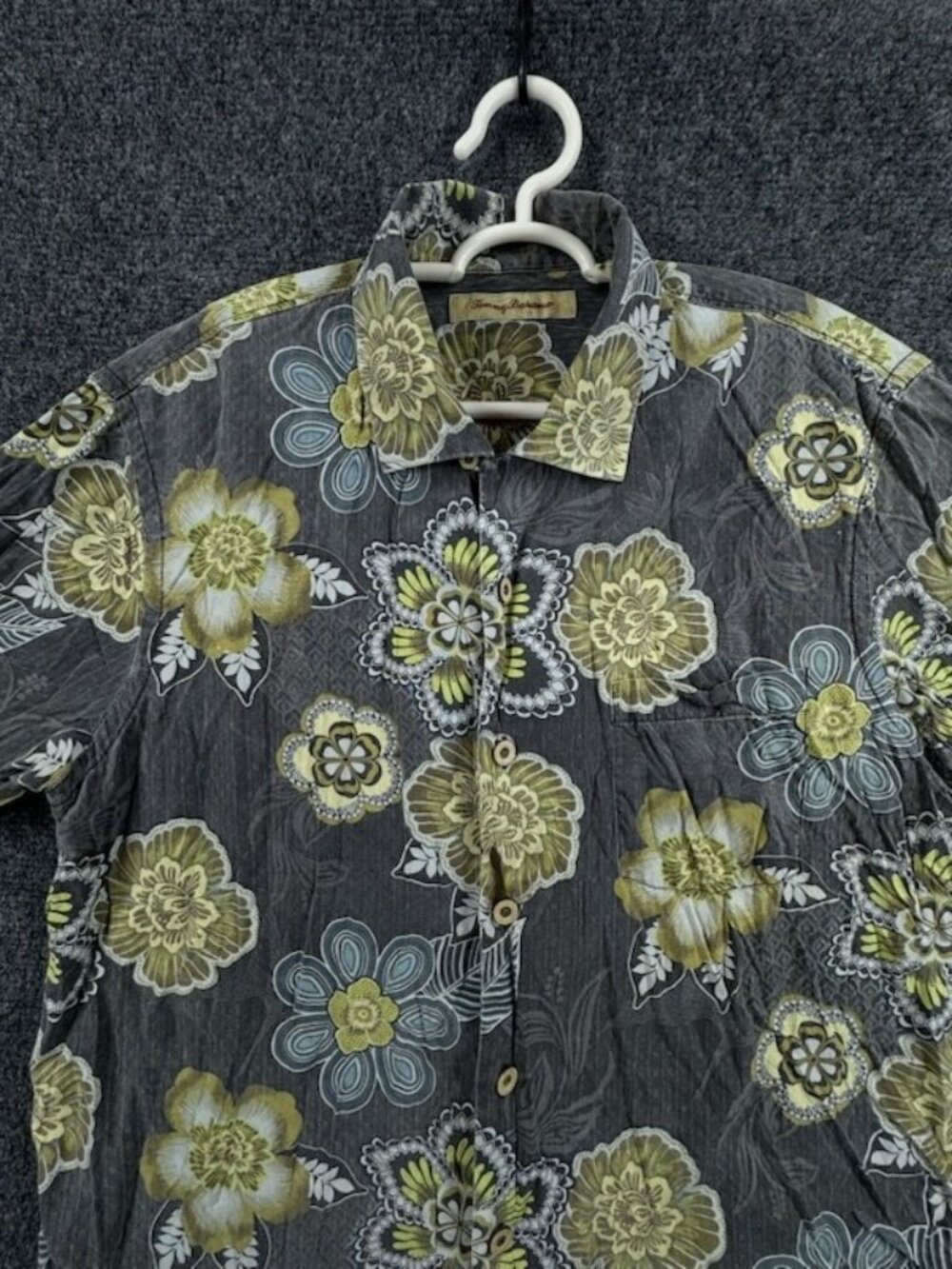 Tommy Bahama Gold Gray Floral Medium Short Sleeve All Cotton Shirt Button Up Men